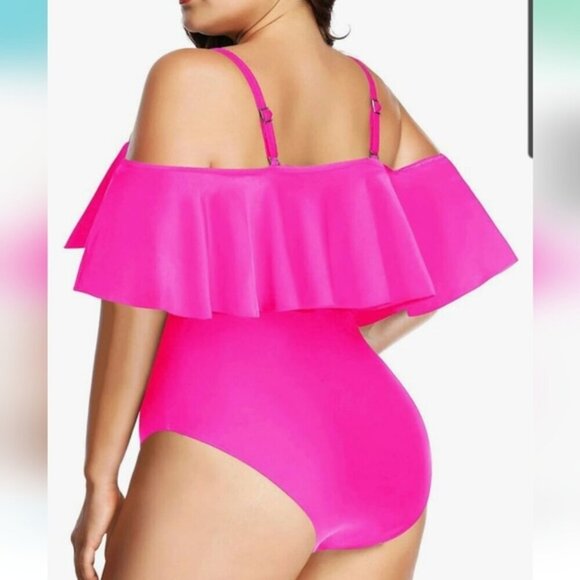Shein Pink Off Shoulder One Piece Swimsuit Tummy Control Bathing Suit Ruffle 1X - Picture 3 of 9